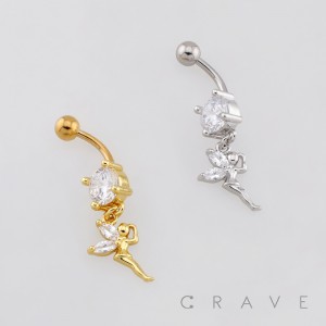 DANGLE SPARKLING MARQUISE CZ FAIRY CHARM BELLY BUTTON NAVEL RING 316L SURGICAL STEEL